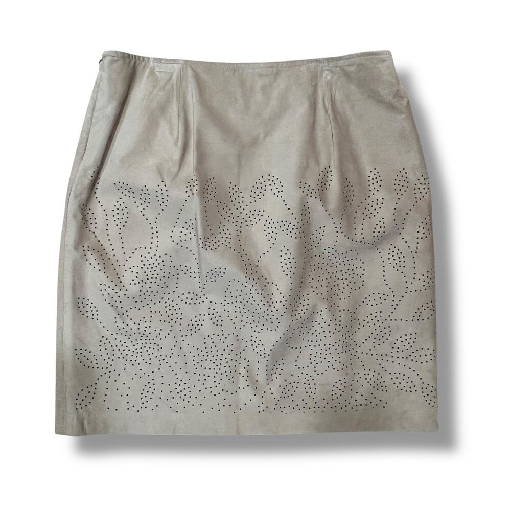 Rena Rowan Suede Leather Skirt Sz 14 Tan Laser Cut Knee Length Minimalist ALine